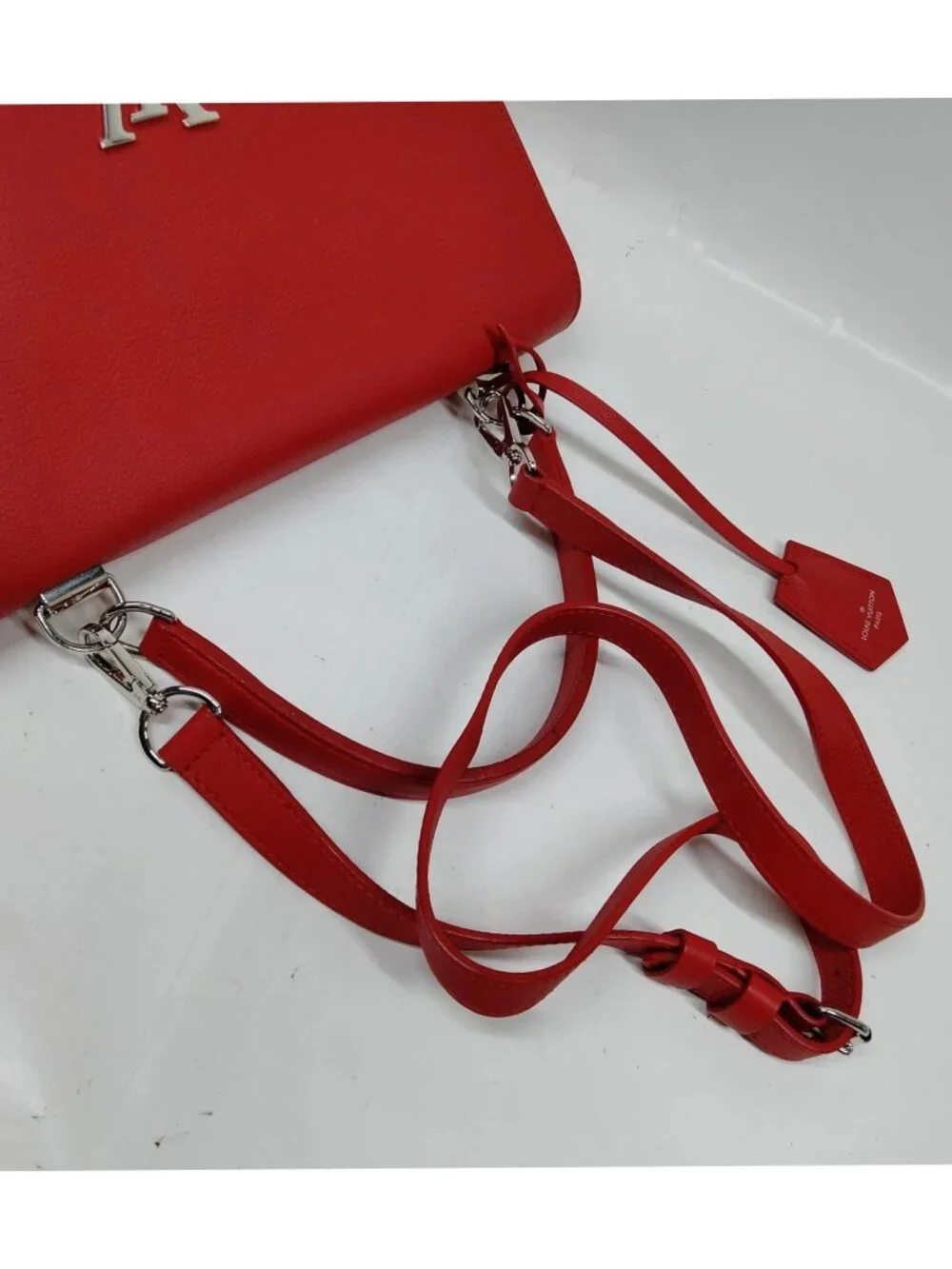 Authentic Louis Vuitton Lockme II Red Calfskin Leather Top Handle Crossbody Bag